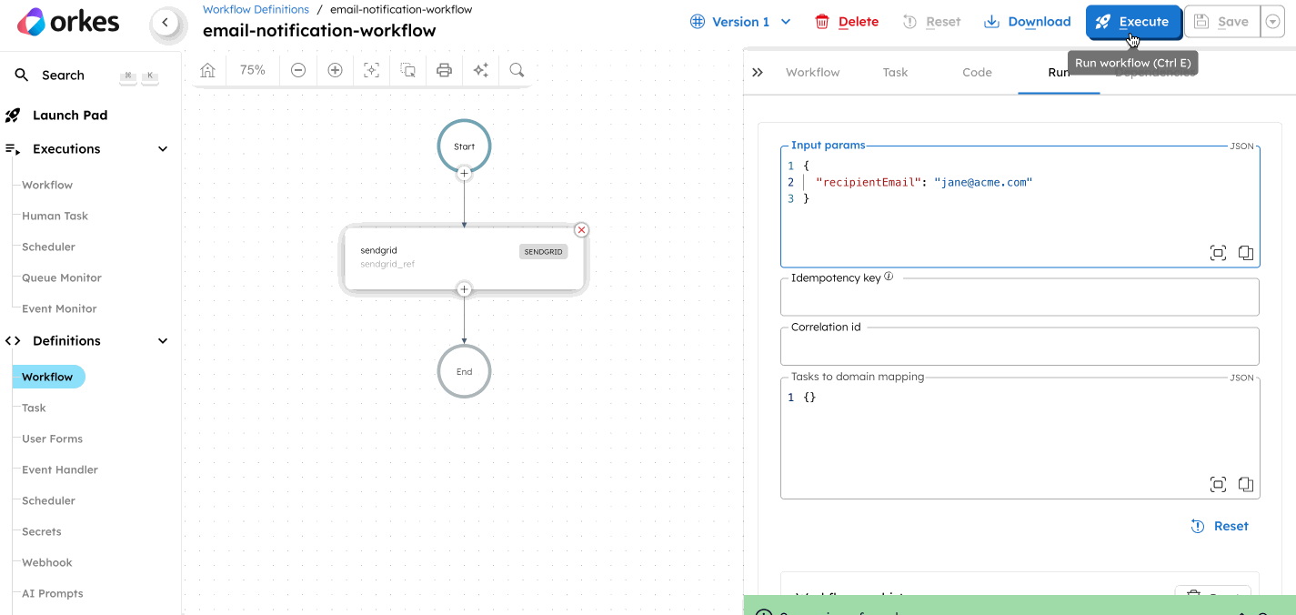 Executing email notification workflow in Orkes Conductor