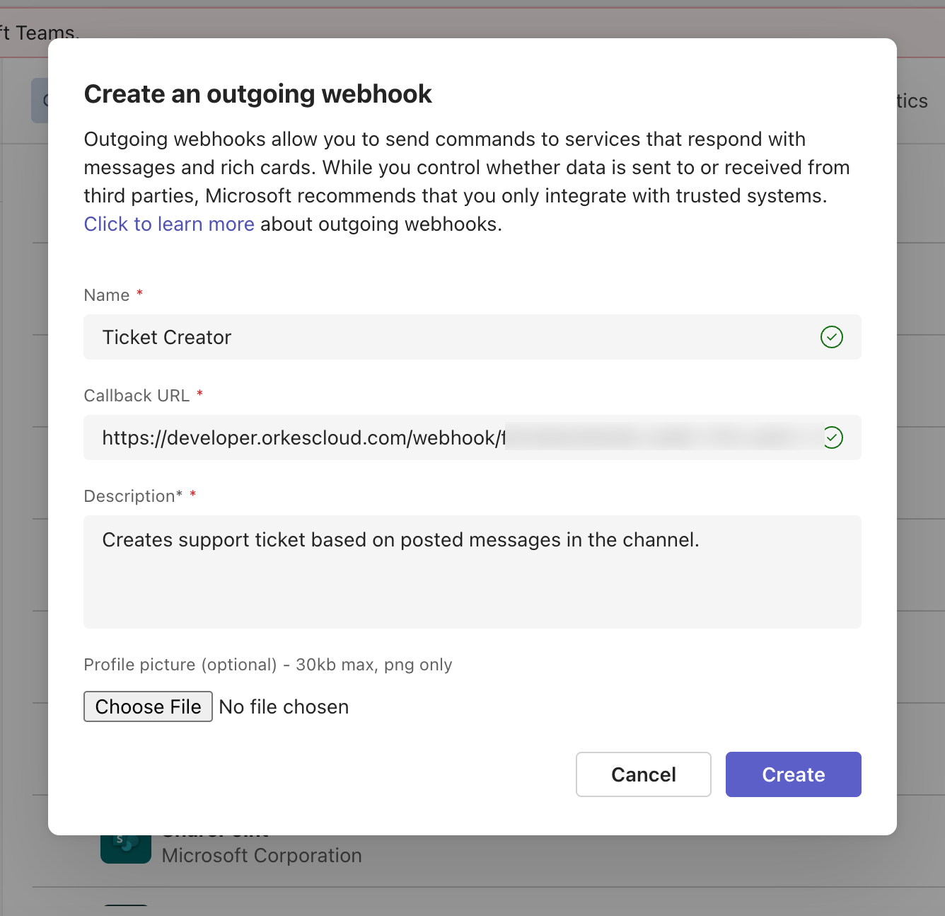 Creating an outgoing webhook in Microsoft Teams