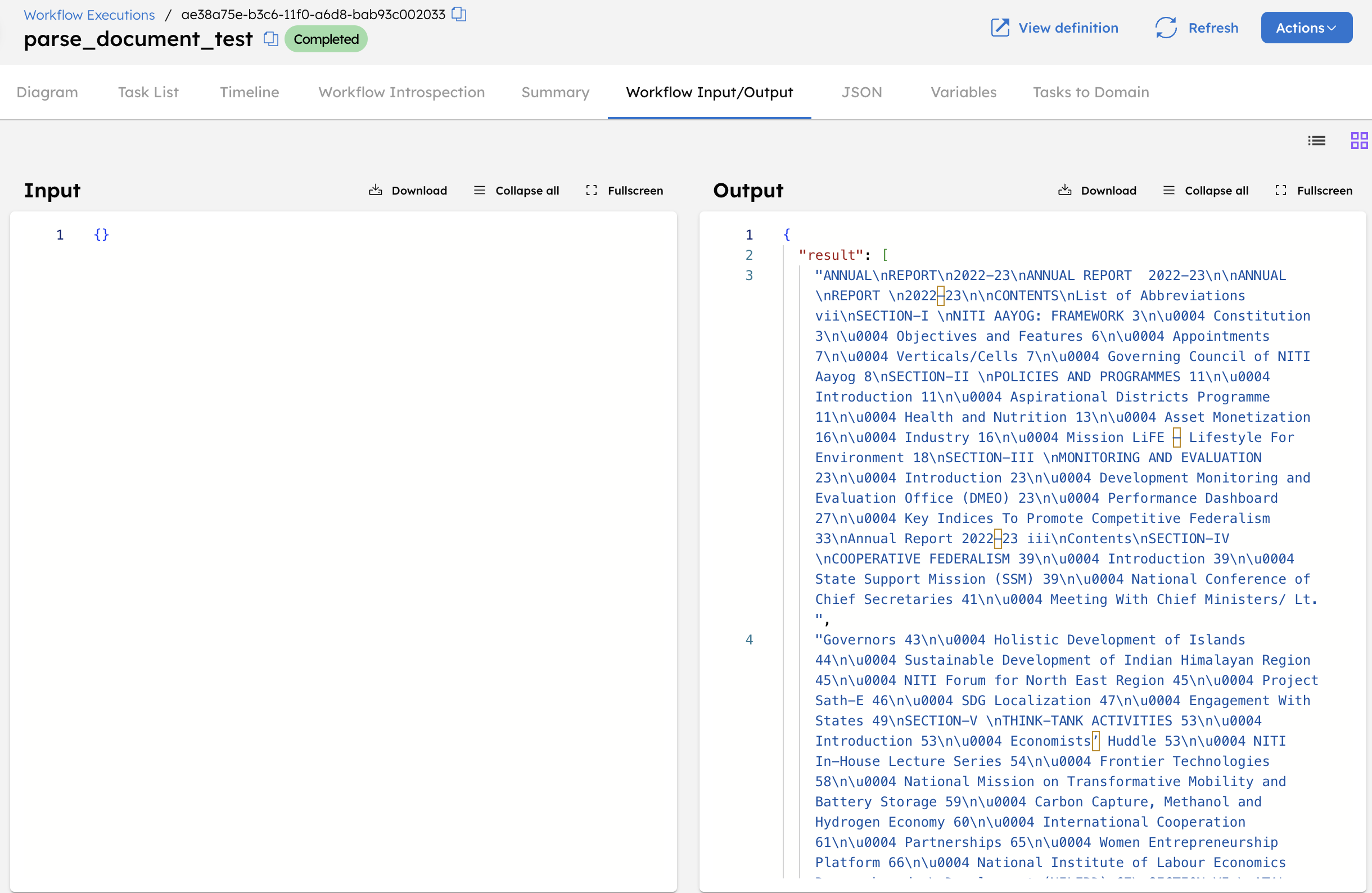 Output of the parse document task