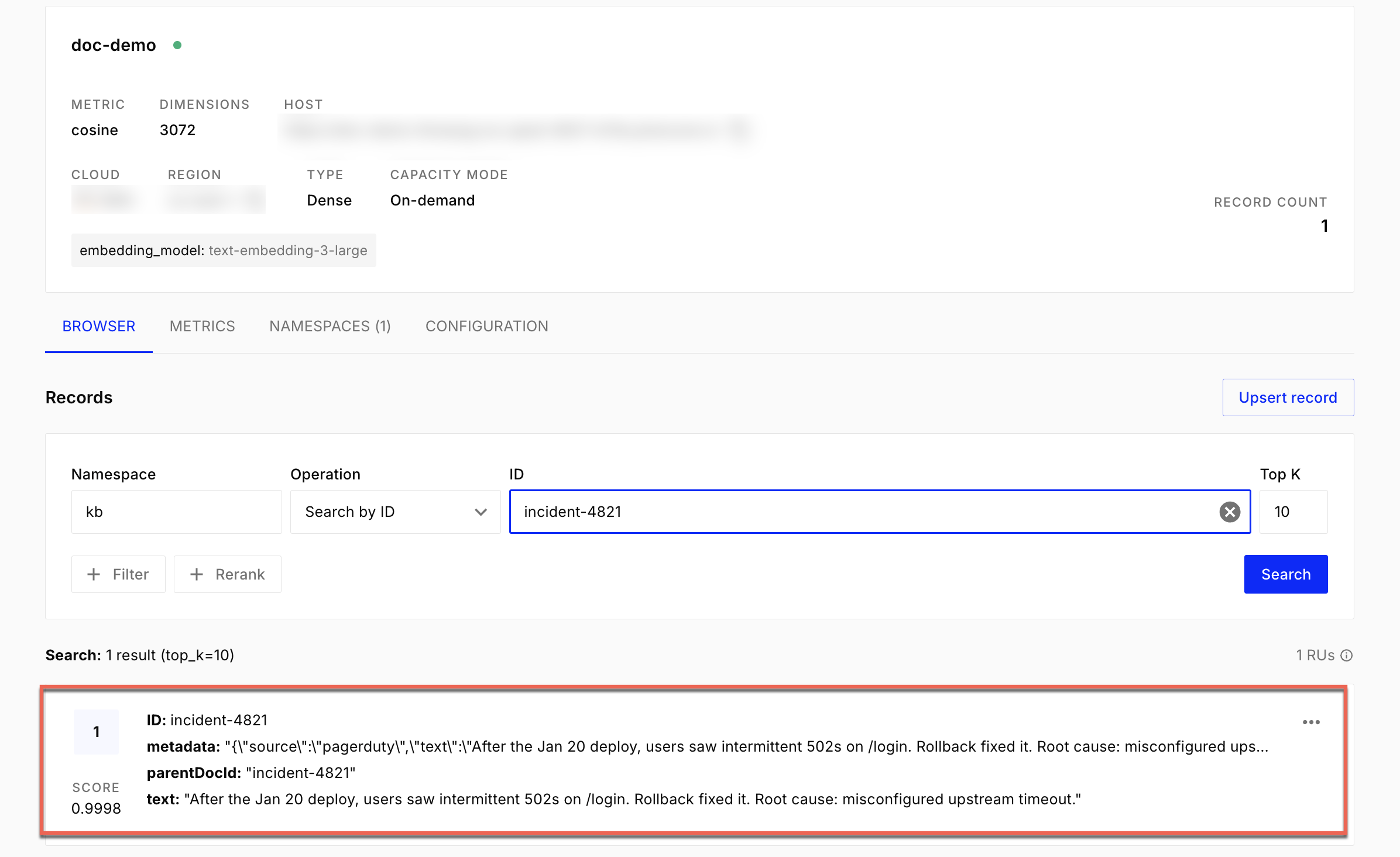 Verification in Pinecone console