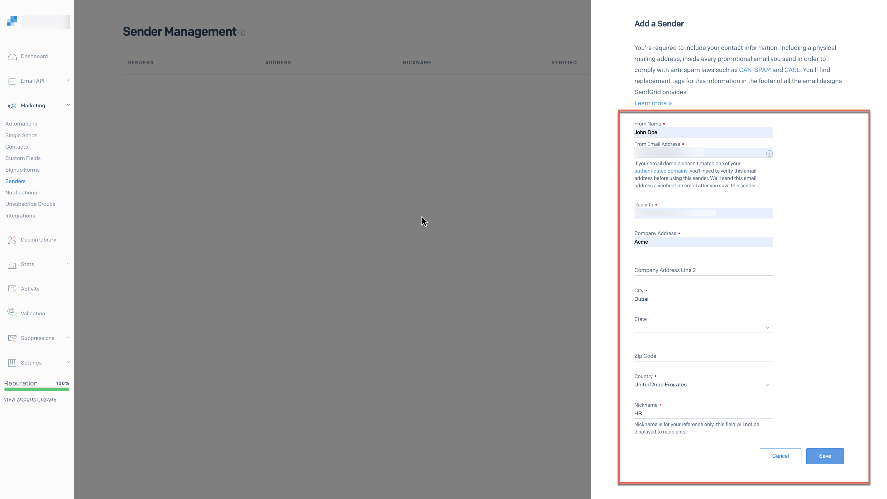 Adding a sender in SendGrid portal