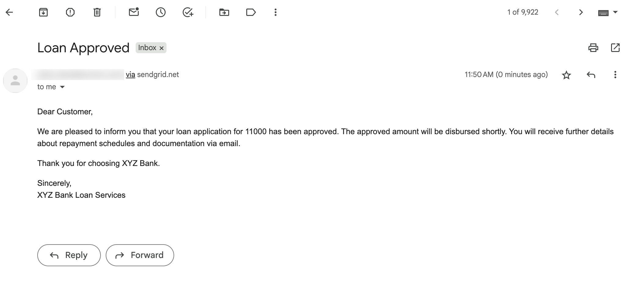 Loan approval email received via SendGrid