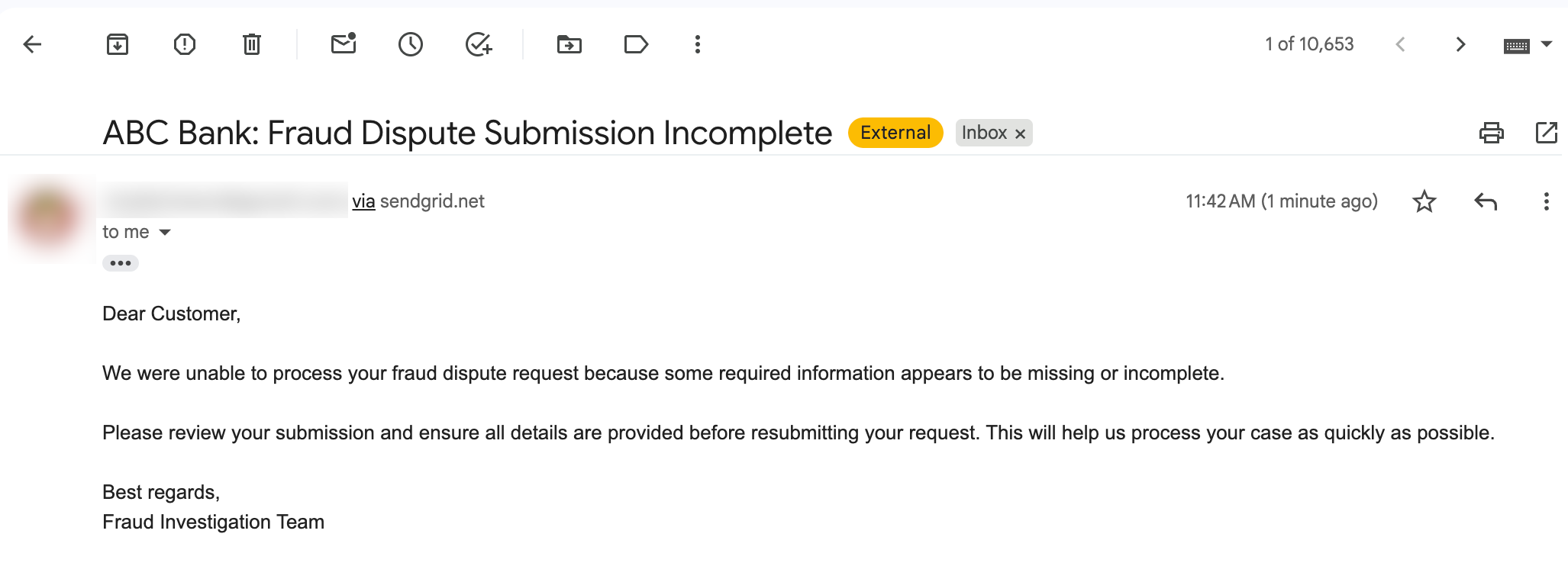 Email received by the user on validation failed