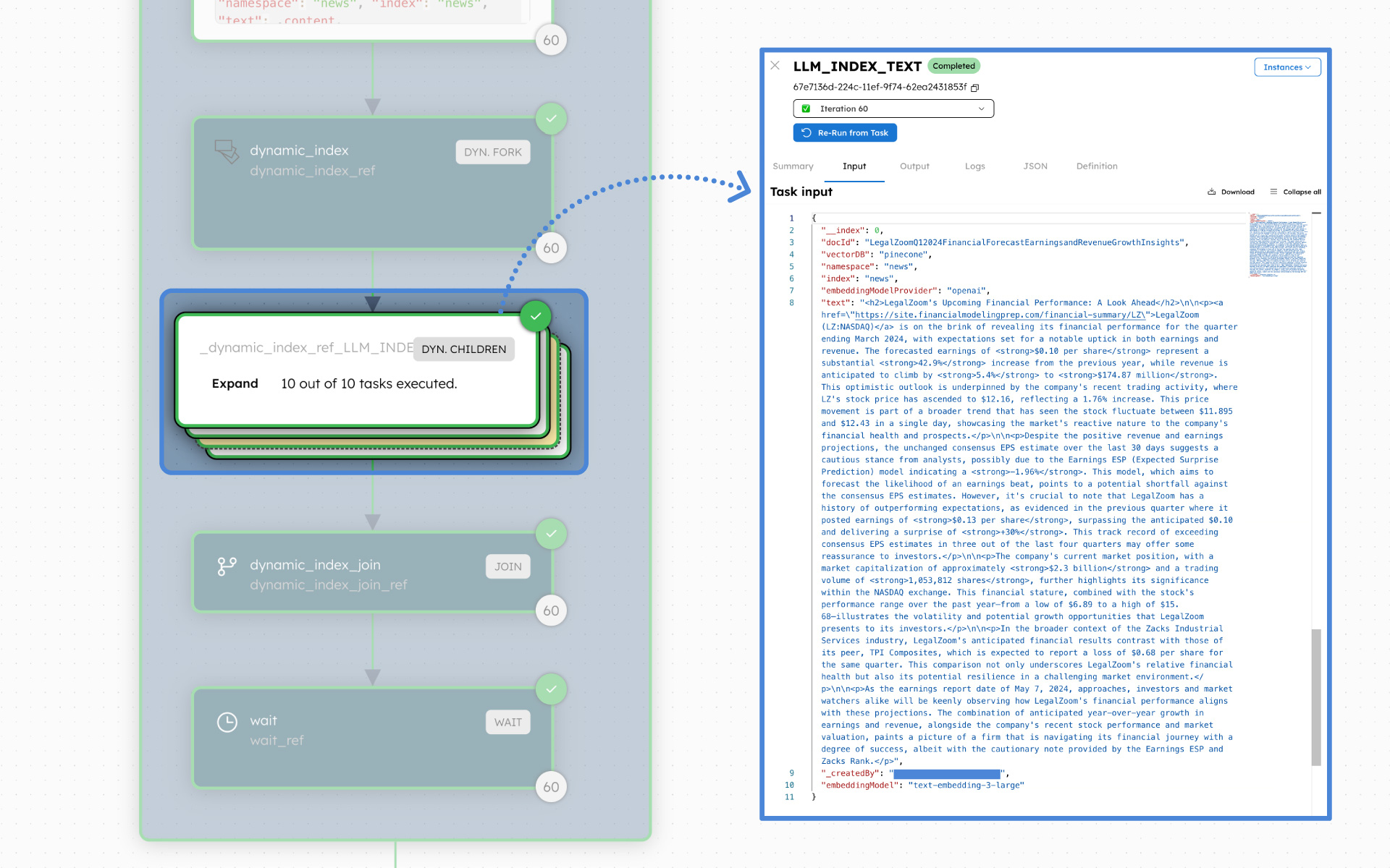 Screenshot of the LLM Index Text task in Orkes Conductor.