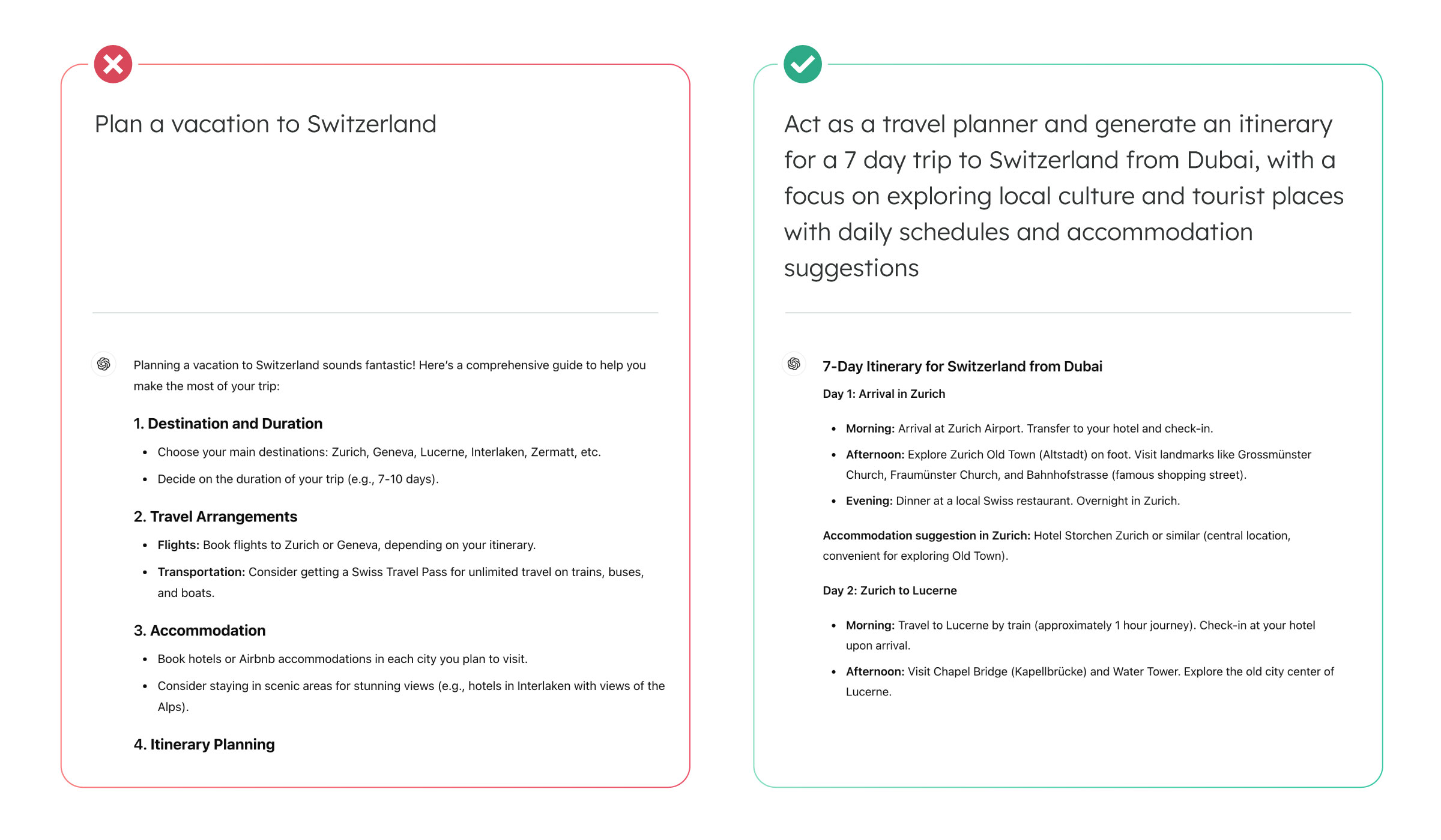 Example illustrating a good and bad prompt for vacation booking