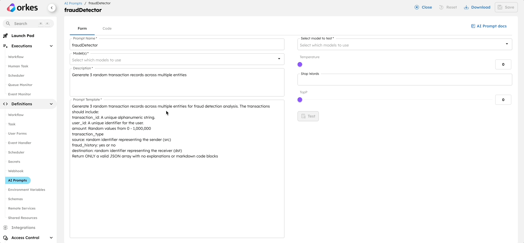 fraudDetector model and LLM prompt template in Orkes Conductor