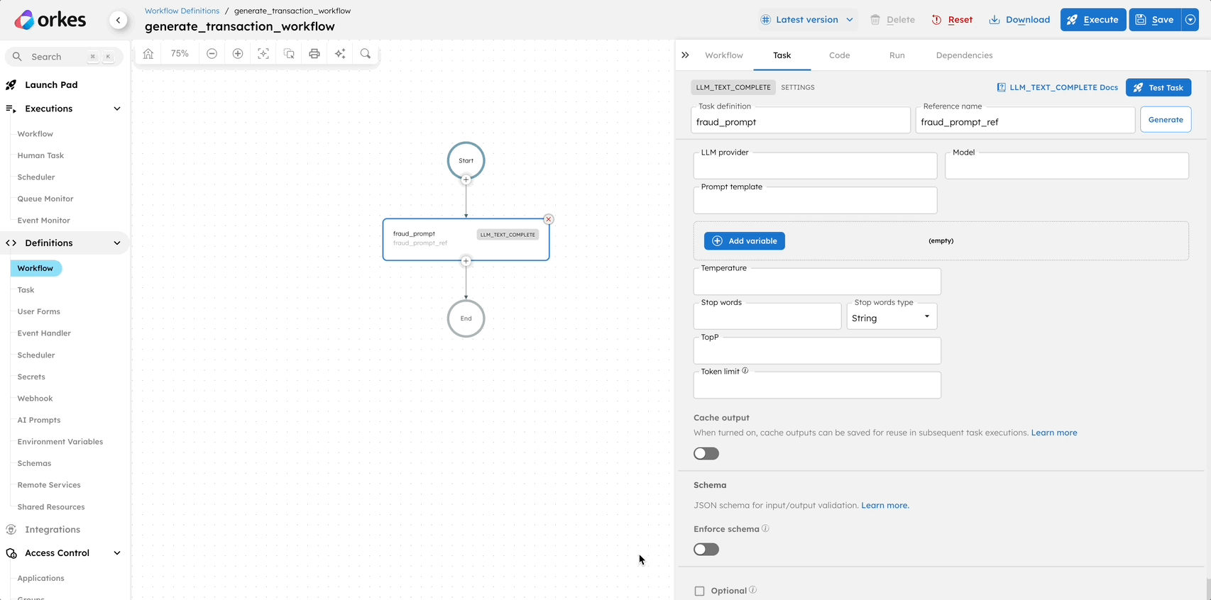 A GIF of creating the fraud_prompt task in the generate_transaction_workflow